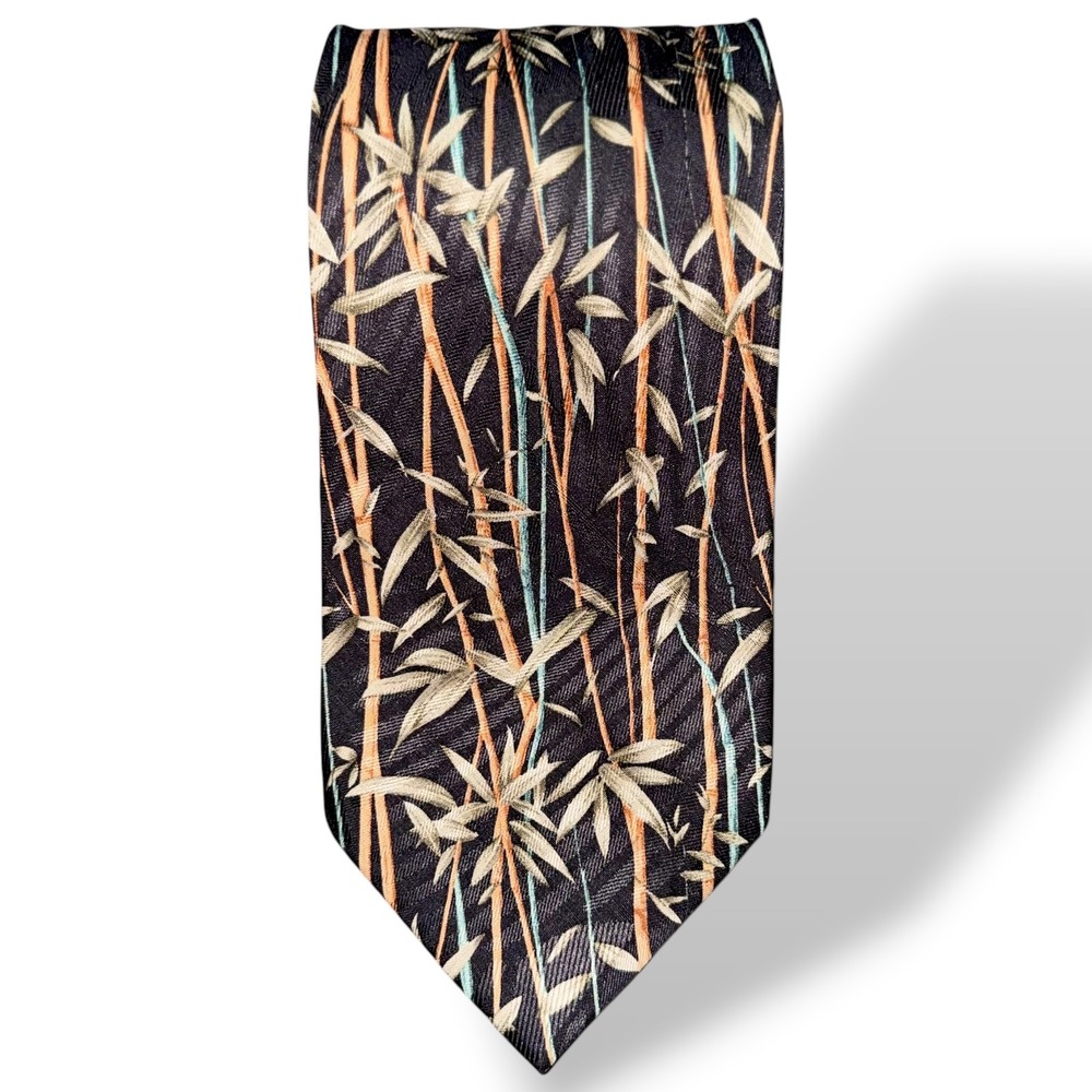 Tommy Bahama Necktie Mens OS Black Bamboo Silk Hand Made Tropical Floral Tie